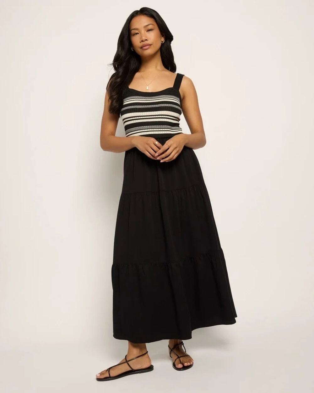 Seas Women's Black & White Stripe Penny Tiered Maxi Dress Size Medium